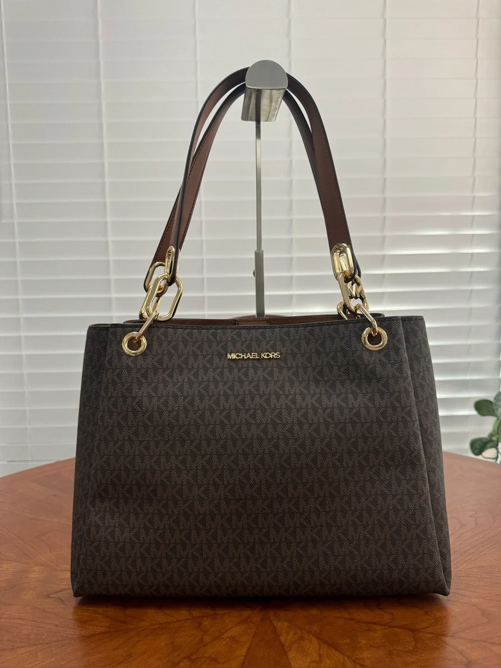 Michael Kors Brown MK Logo Shoulder Bag with Gold Hardware
